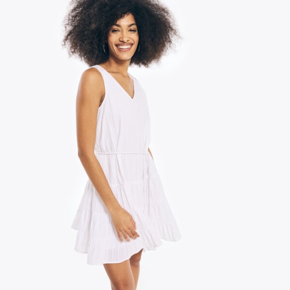 White Textured V-Neck Sleeveless Dress